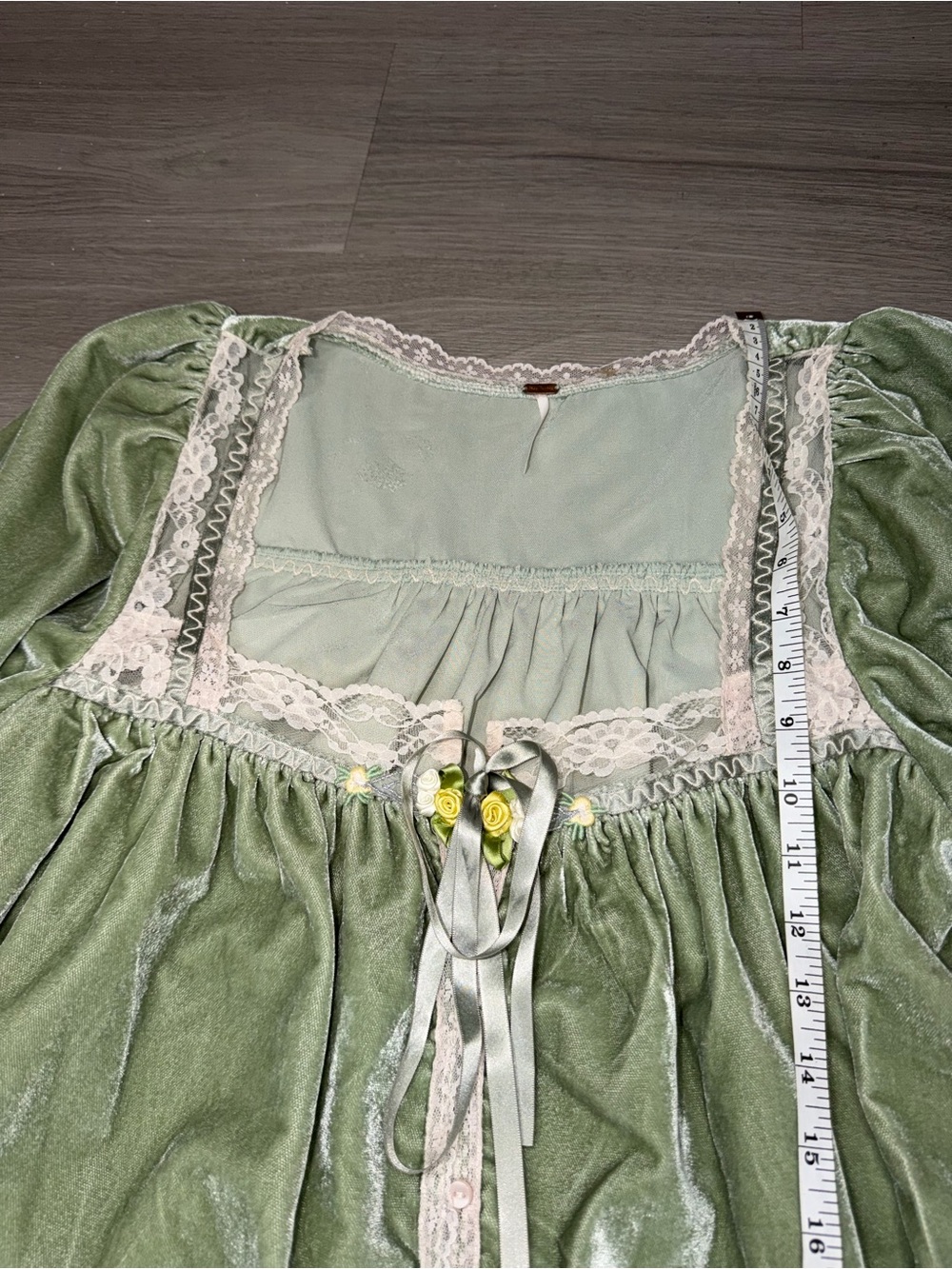 Free People Sage Green Velvet Blouse with Lace Trim - Picture 15 of 16